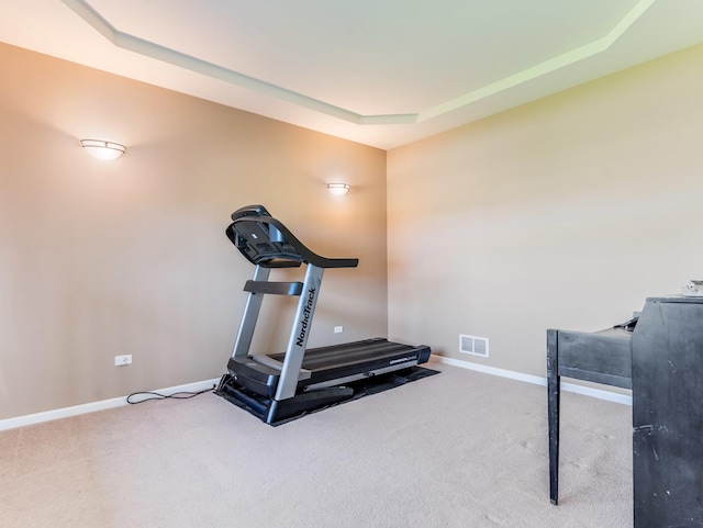 workout area with carpet, baseboards, and a raised ceiling