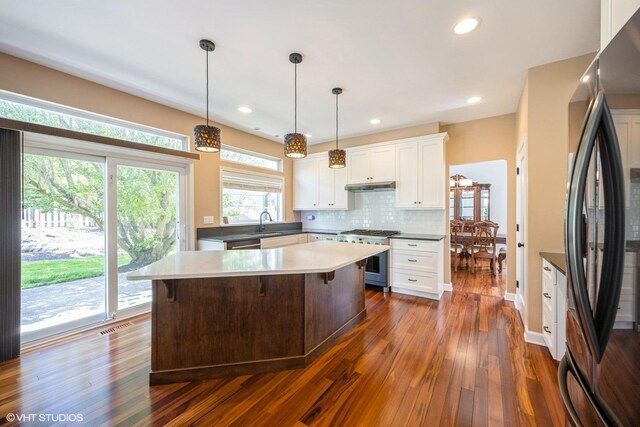 kitchen with appliances with stainless steel finishes, dark wood-type flooring, white cabinets, backsplash, and recessed lighting