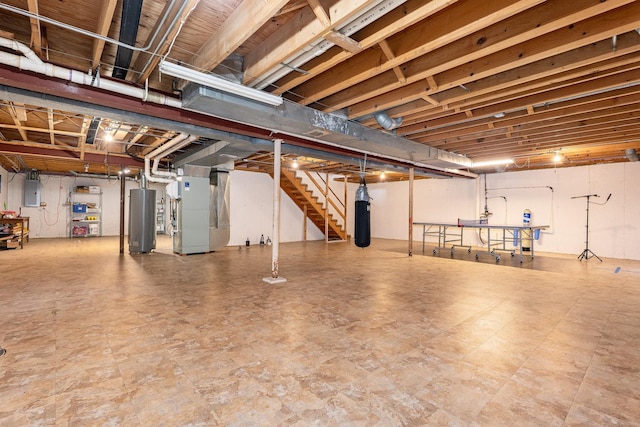 2084 Maplewood Cir, Naperville, IL 60563 - unfinished basement featuring electric panel, tile patterned floors, water heater, and heating unit