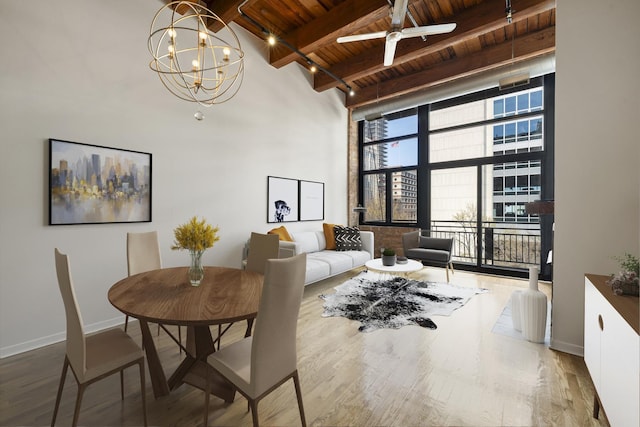 living area featuring baseboards, beam ceiling, ceiling fan with notable chandelier, wooden ceiling, and wood finished floors