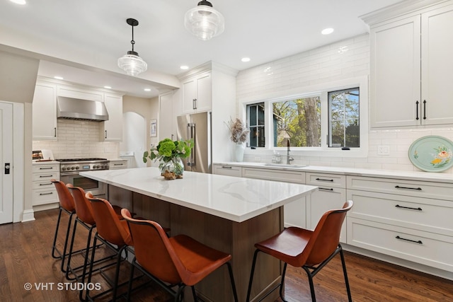 1149 Scott Ave, Winnetka, IL 60093 - kitchen featuring wall chimney range hood, tasteful backsplash, a sink, dark wood finished floors, and premium appliances