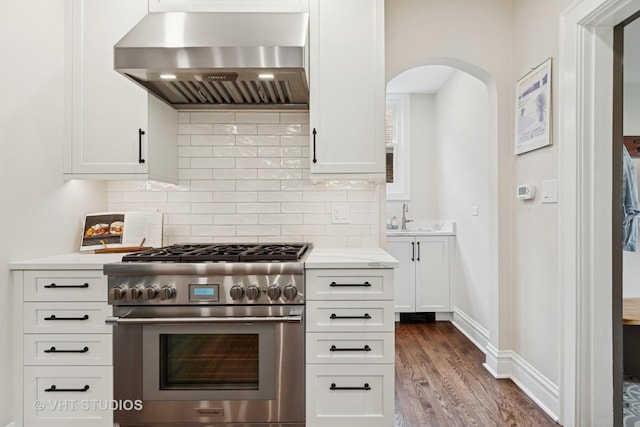 1149 Scott Ave, Winnetka, IL 60093 - kitchen with wall chimney range hood, dark wood-type flooring, light countertops, a sink, and high end range