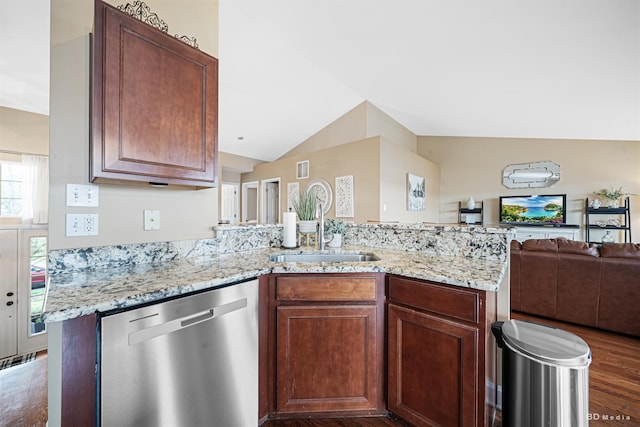 6834 Oak View Ct, Oak Forest, IL 60452 - kitchen featuring stainless steel dishwasher, a sink, open floor plan, vaulted ceiling, and light stone countertops