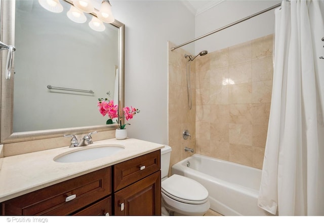 full bathroom featuring shower / tub combo, crown molding, toilet, and vanity