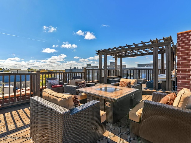 deck with an outdoor living space, a pergola, and outdoor dining space