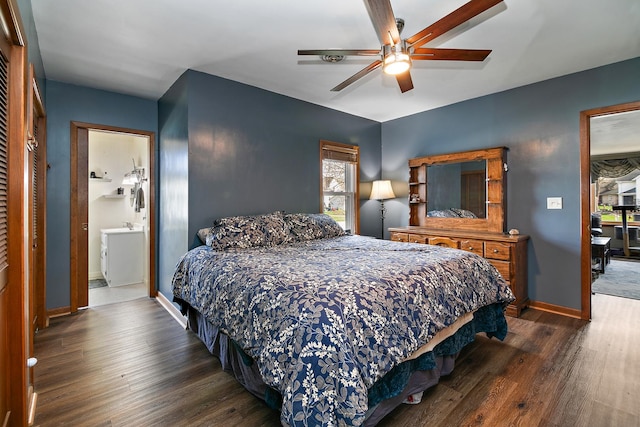 bedroom with ceiling fan, baseboards, and wood finished floors