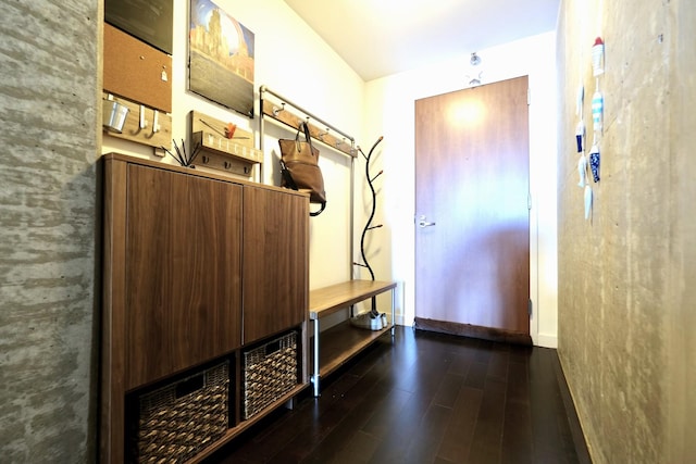 mudroom featuring dark wood-style flooring and baseboards