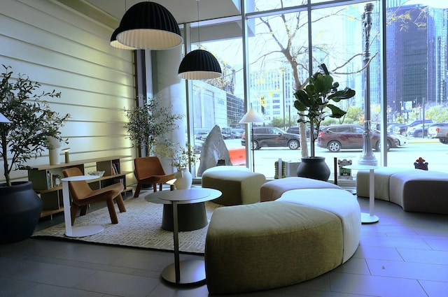 building lobby featuring a view of city