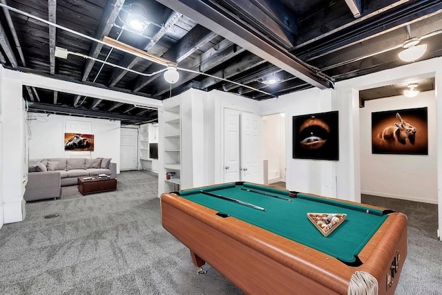 recreation room featuring pool table, baseboards, and carpet