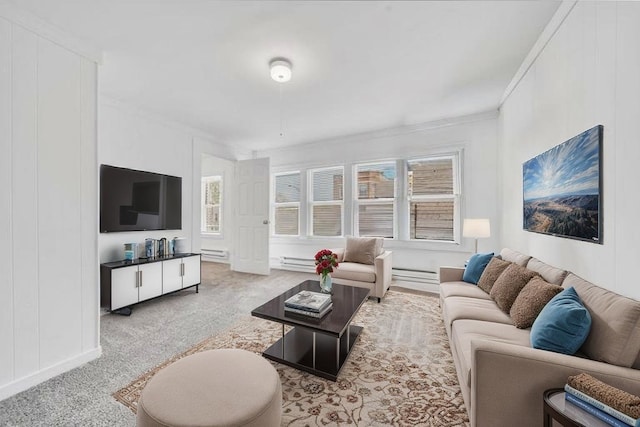 carpeted living area featuring a decorative wall, ornamental molding, and a baseboard heating unit