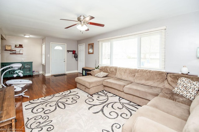 536 Evergreen Ln, Bradley, IL 60915 - living area with hardwood / wood-style floors, baseboards, and a ceiling fan