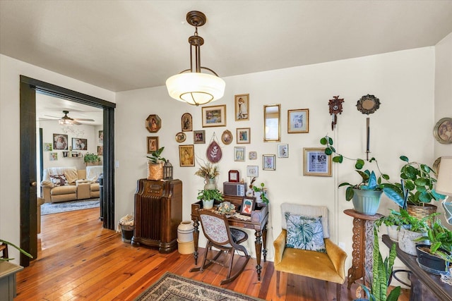 living area with a ceiling fan and hardwood / wood-style floors
