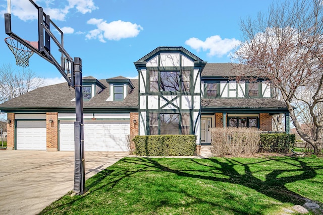 2894 Whispering Oaks Ct, Buffalo Grove, IL 60089 - english style home featuring a shingled roof, a front lawn, brick siding, a garage, and concrete driveway