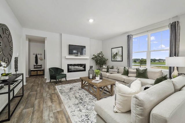 living area featuring baseboards, recessed lighting, a glass covered fireplace, and wood finished floors