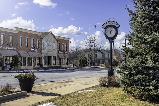 view of street with sidewalks, curbs, and street lighting