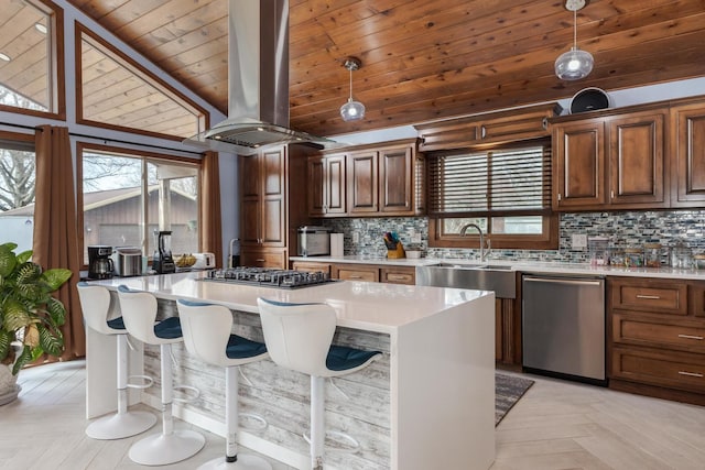 10690 E 1700 N Rd, Pontiac, IL 61764 - kitchen featuring stainless steel appliances, a sink, island exhaust hood, and decorative backsplash