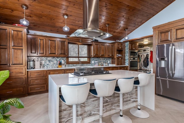 10690 E 1700 N Rd, Pontiac, IL 61764 - kitchen with island range hood, light countertops, vaulted ceiling, and appliances with stainless steel finishes