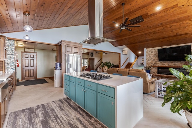 10690 E 1700 N Rd, Pontiac, IL 61764 - kitchen featuring ceiling fan, wood ceiling, light countertops, stainless steel appliances, and island range hood