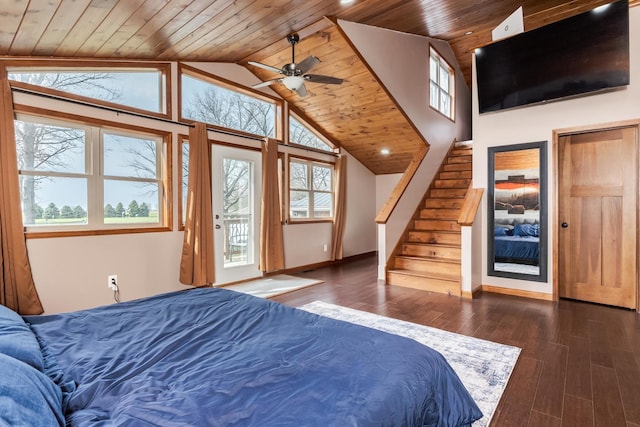 10690 E 1700 N Rd, Pontiac, IL 61764 - bedroom featuring access to exterior, wooden ceiling, wood finished floors, and lofted ceiling