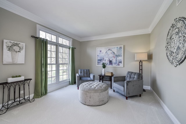 living area with carpet floors, ornamental molding, and a wealth of natural light