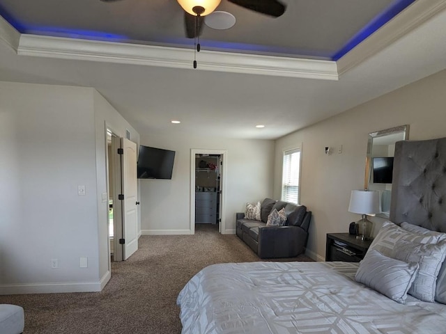 2110 Escalade Rd, Bloomington, IL 61705 - carpeted bedroom with baseboards, a raised ceiling, recessed lighting, and a ceiling fan