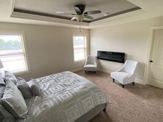 2110 Escalade Rd, Bloomington, IL 61705 - carpeted bedroom featuring ornamental molding, multiple windows, and a raised ceiling
