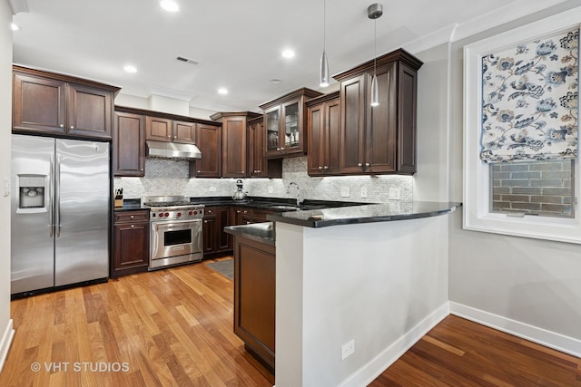 kitchen featuring stainless steel appliances, under cabinet range hood, crown molding, dark brown cabinetry, and light wood-style flooring