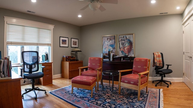 home office featuring ceiling fan, light wood finished floors, baseboards, and recessed lighting