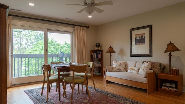 dining area featuring plenty of natural light, light wood finished floors, ceiling fan, and recessed lighting