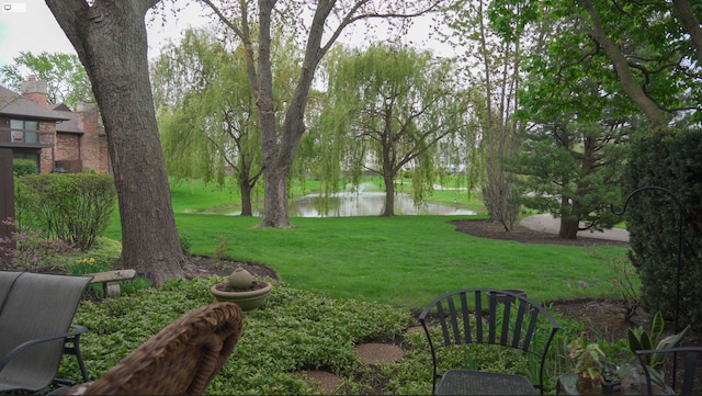 view of grassy yard with a water view