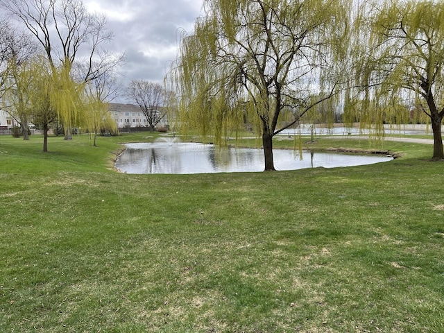 view of grassy yard featuring a water view