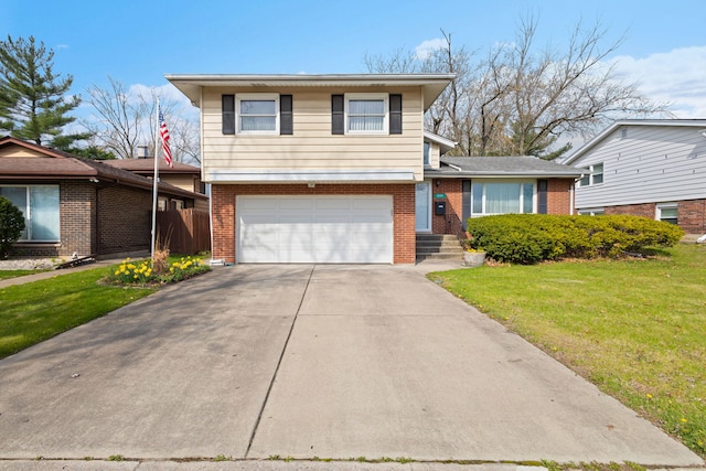 18524 Center Ave, Homewood, IL 60430 - split level home featuring driveway, brick siding, a front yard, and a garage