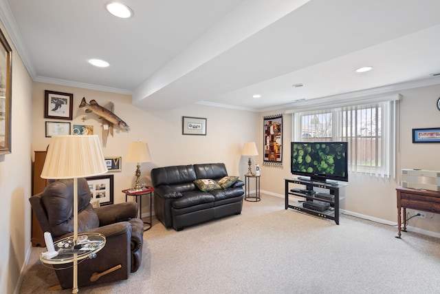 18524 Center Ave, Homewood, IL 60430 - carpeted living room featuring baseboards, ornamental molding, and recessed lighting