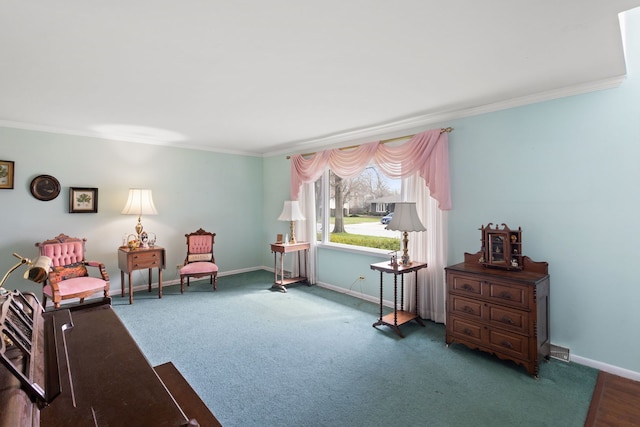 18524 Center Ave, Homewood, IL 60430 - living area featuring baseboards, ornamental molding, and carpet flooring