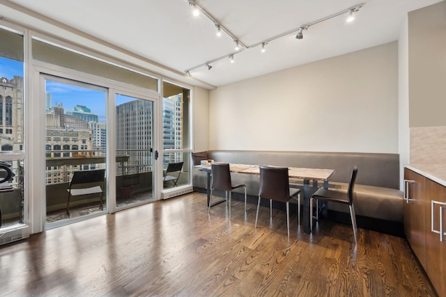 dining space with track lighting, a city view, and wood finished floors