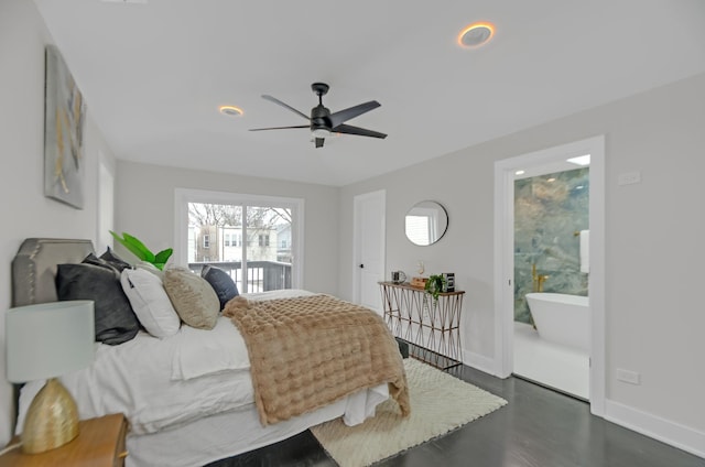 bedroom with dark wood-style flooring, baseboards, recessed lighting, ensuite bathroom, and a ceiling fan