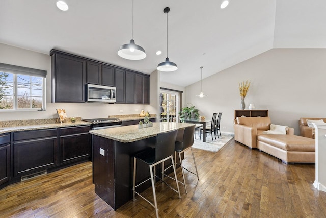 68 Tall Grass Ct, Streamwood, IL 60107 - kitchen featuring dark wood-style flooring, stainless steel appliances, vaulted ceiling, light stone counters, and open floor plan