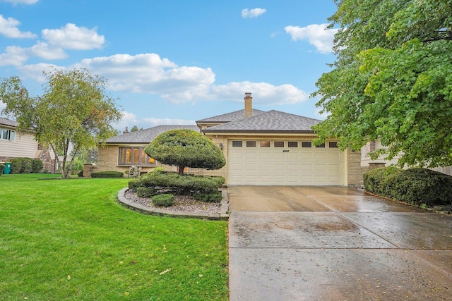ranch-style house with a chimney, a shingled roof, a front lawn, concrete driveway, and a garage