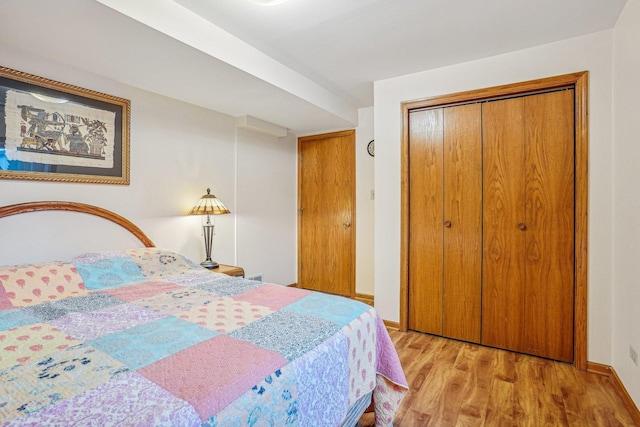 bedroom with wood finished floors and a closet