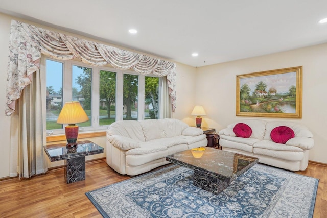 living area featuring wood finished floors and recessed lighting