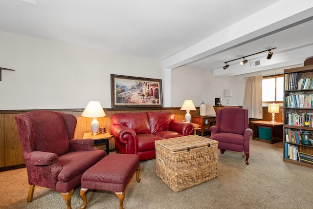 8509 Hemlock St, Orland Park, IL 60462 - carpeted living room featuring wooden walls, rail lighting, visible vents, and a wainscoted wall