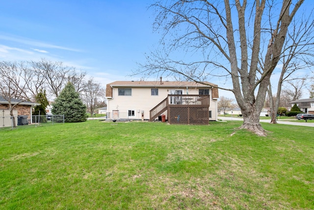 8509 Hemlock St, Orland Park, IL 60462 - rear view of house with a yard, stairway, a wooden deck, and fence