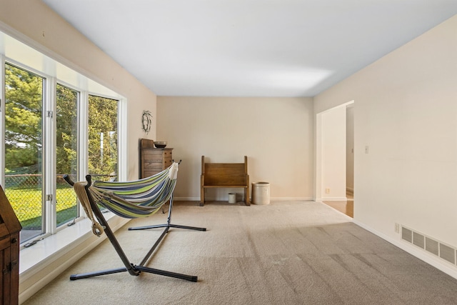 living area featuring carpet floors, baseboards, and visible vents