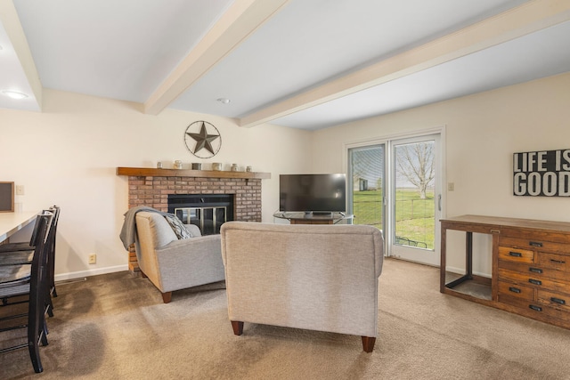 carpeted living room featuring a fireplace, baseboards, and beamed ceiling