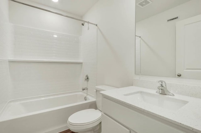 bathroom featuring vanity,  shower combination, visible vents, and toilet