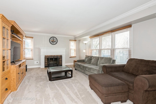 living area featuring light carpet, a brick fireplace, baseboards, and ornamental molding