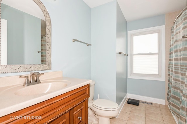 full bathroom with visible vents, baseboards, toilet, vanity, and tile patterned flooring