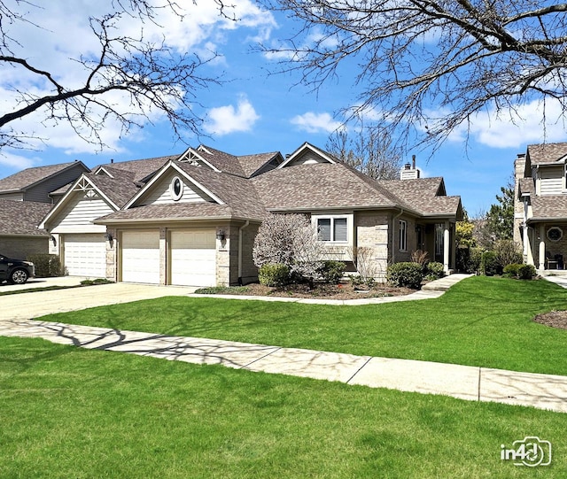 ranch-style house with roof with shingles, a front lawn, driveway, brick siding, and an attached garage