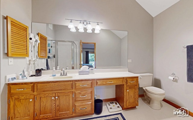 full bathroom with a shower stall, vaulted ceiling, tile patterned floors, vanity, and toilet