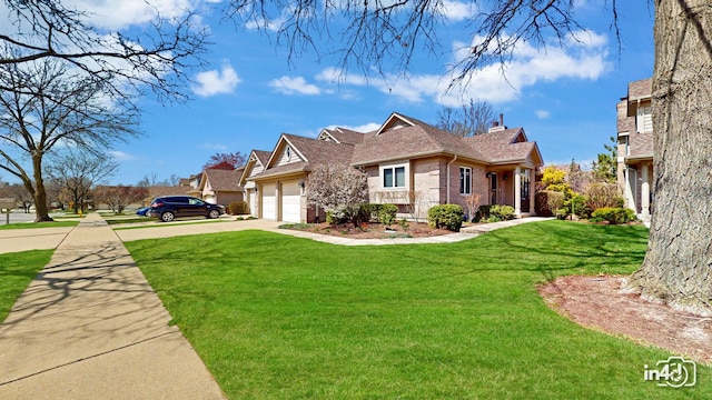 view of front facade with a front lawn, driveway, brick siding, a garage, and a shingled roof